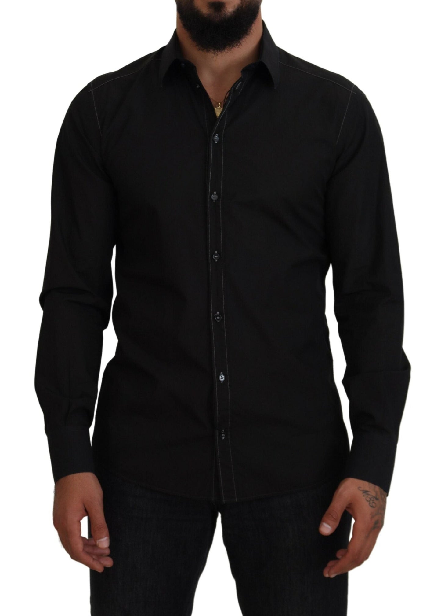 Dolce & Gabbana Black Cotton Collared Long Sleeve GOLD Men's Shirt