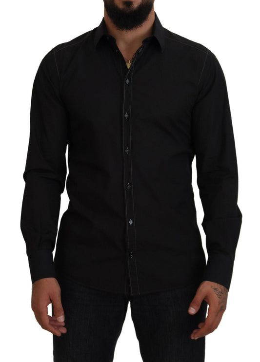 Dolce & Gabbana Black Cotton Collared Long Sleeve GOLD Men's Shirt