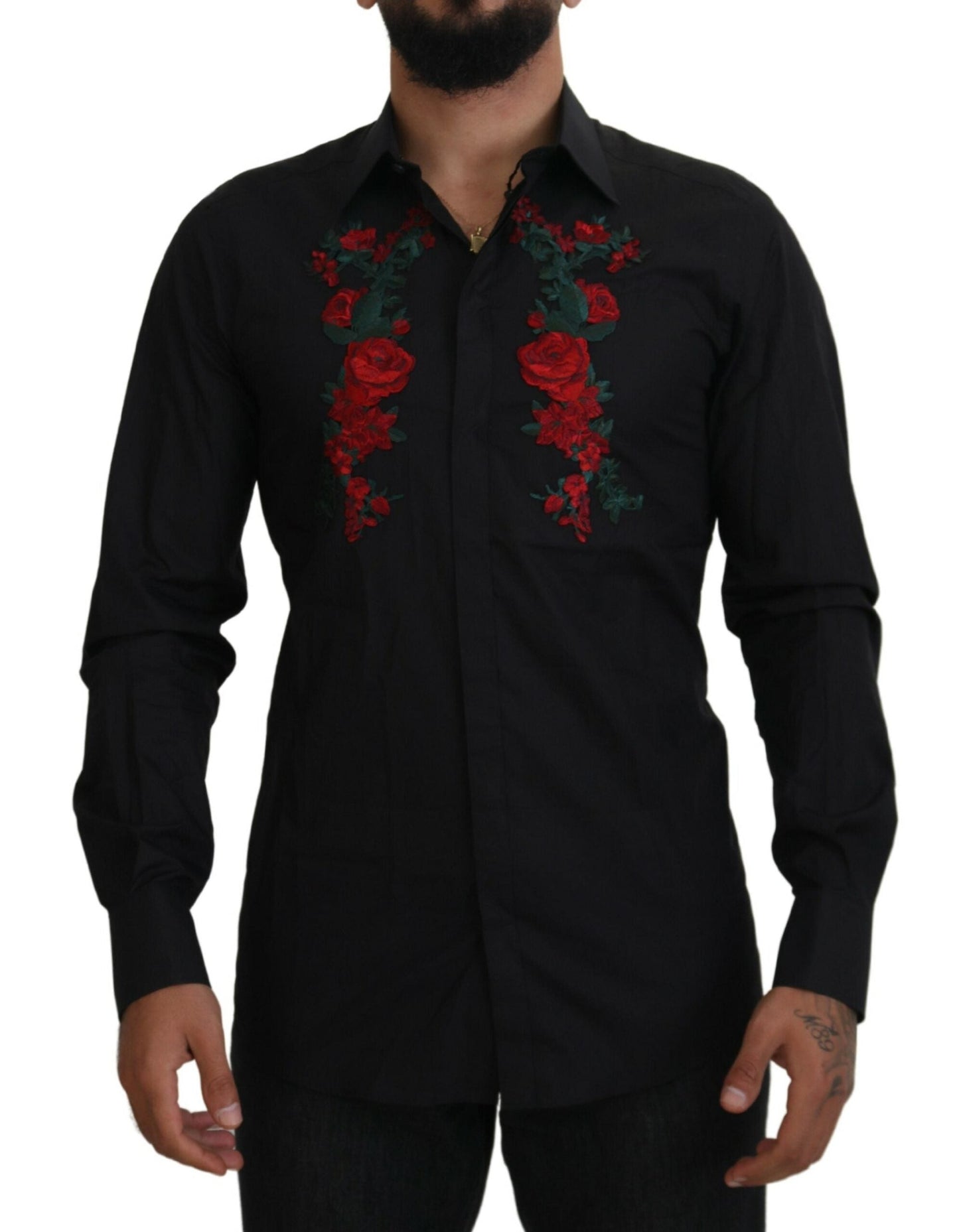 Dolce & Gabbana Black Floral Embroidery Men Long Sleeves GOLD Men's Shirt