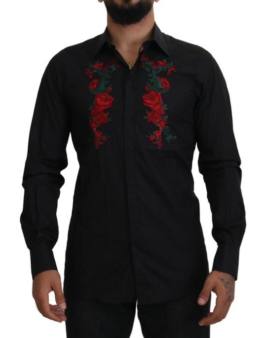 Dolce & Gabbana Black Floral Embroidery Men Long Sleeves GOLD Men's Shirt
