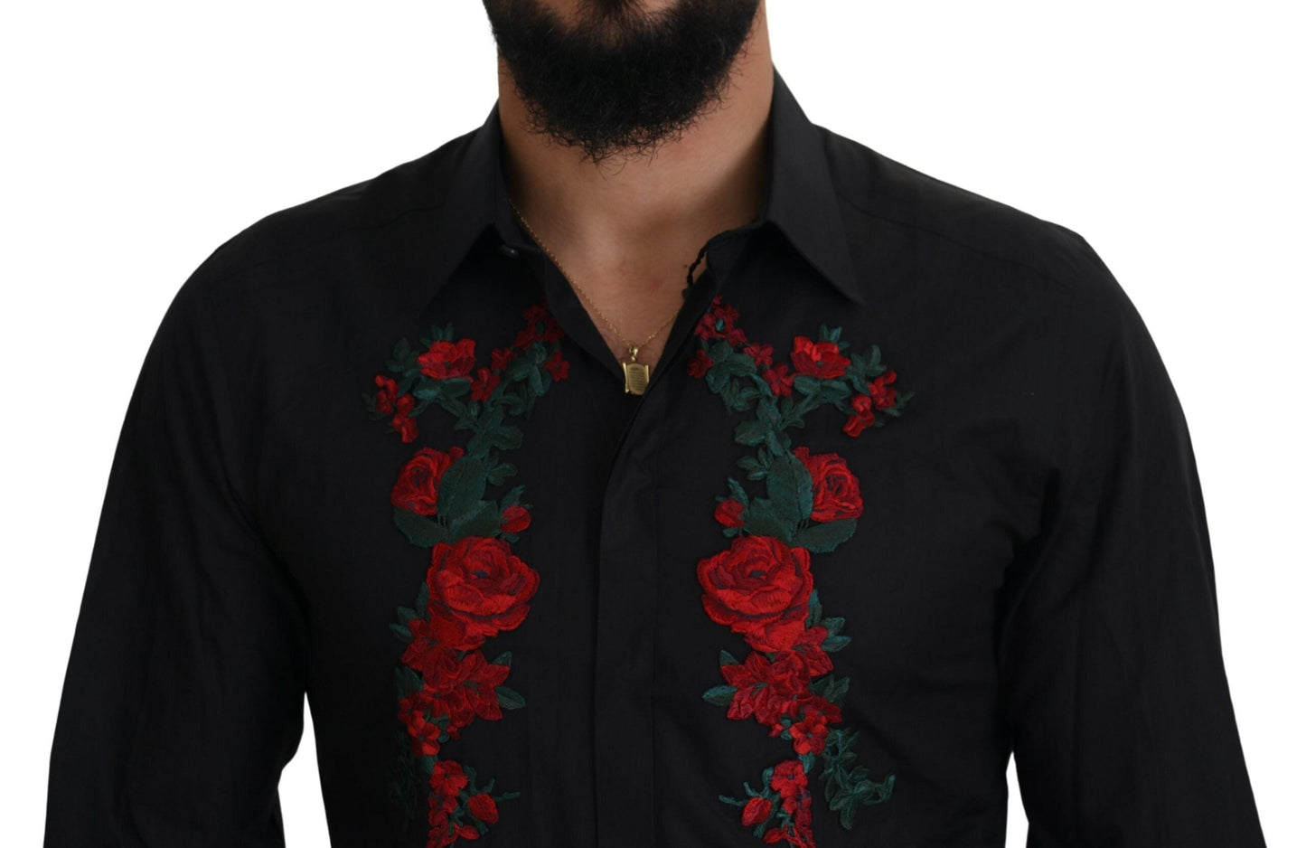Dolce & Gabbana Black Floral Embroidery Men Long Sleeves GOLD Men's Shirt