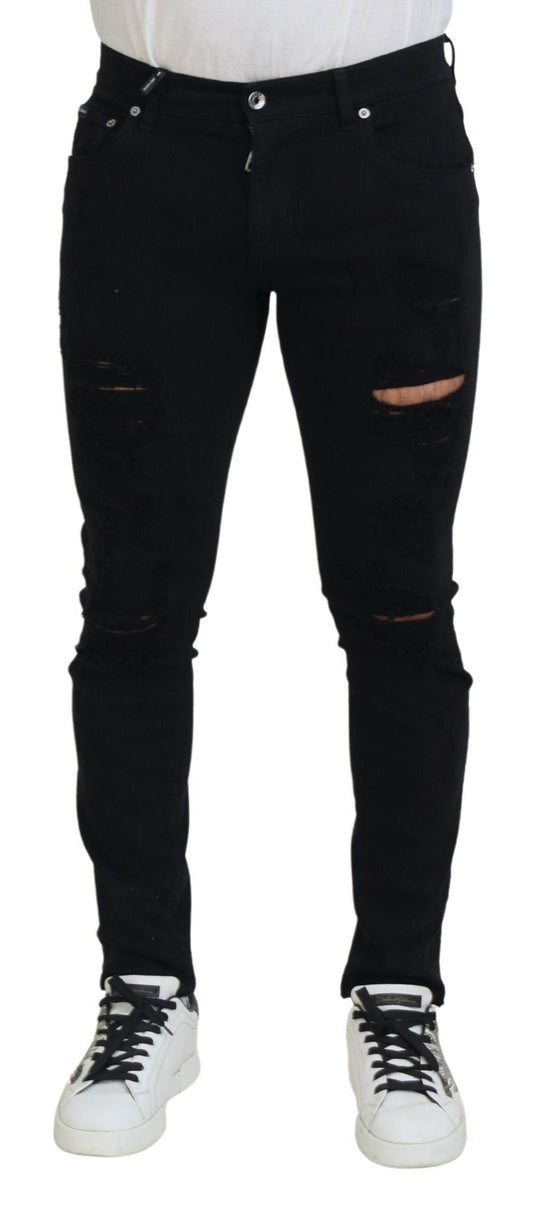 Dolce & Gabbana Black Slim Fit Tattered Denim Cotton Men's Jeans