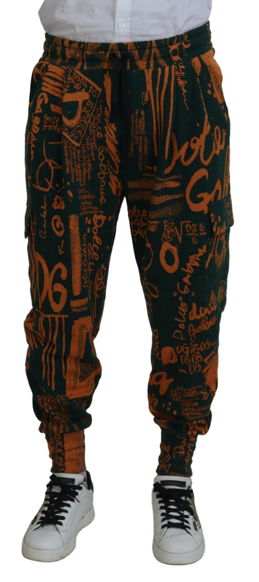 Dolce & Gabbana Multicolor Logo Print Silk Cargo Jogger Men's Pants