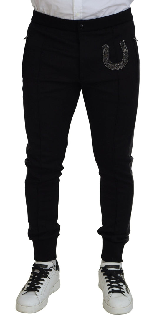 Dolce & Gabbana Black Wool Horseshoe Jogger Men's Pants