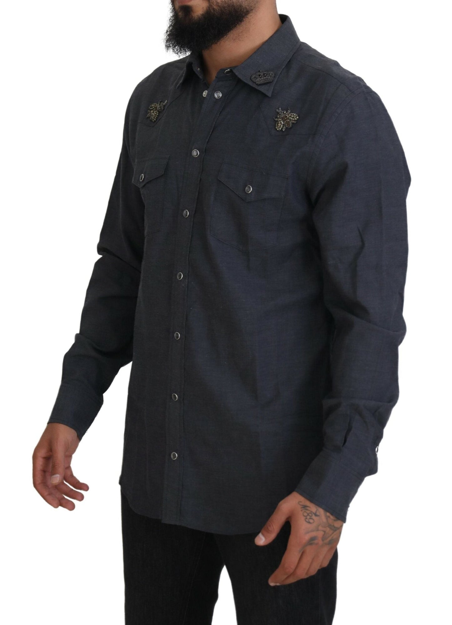 Dolce & Gabbana Blue Cotton Denim Crystal Bee Men's Shirt