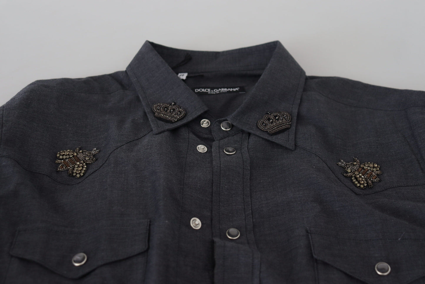 Dolce & Gabbana Blue Cotton Denim Crystal Bee Men's Shirt