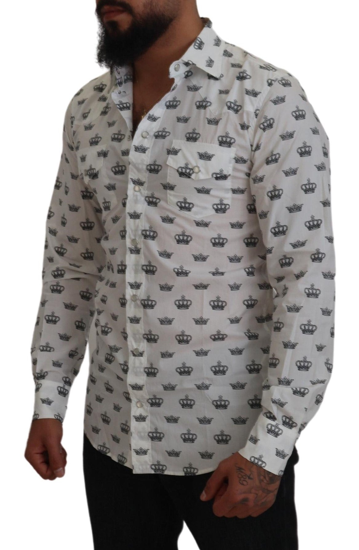 Dolce & Gabbana White Crown Print Slim Fit Cotton Men's Shirt