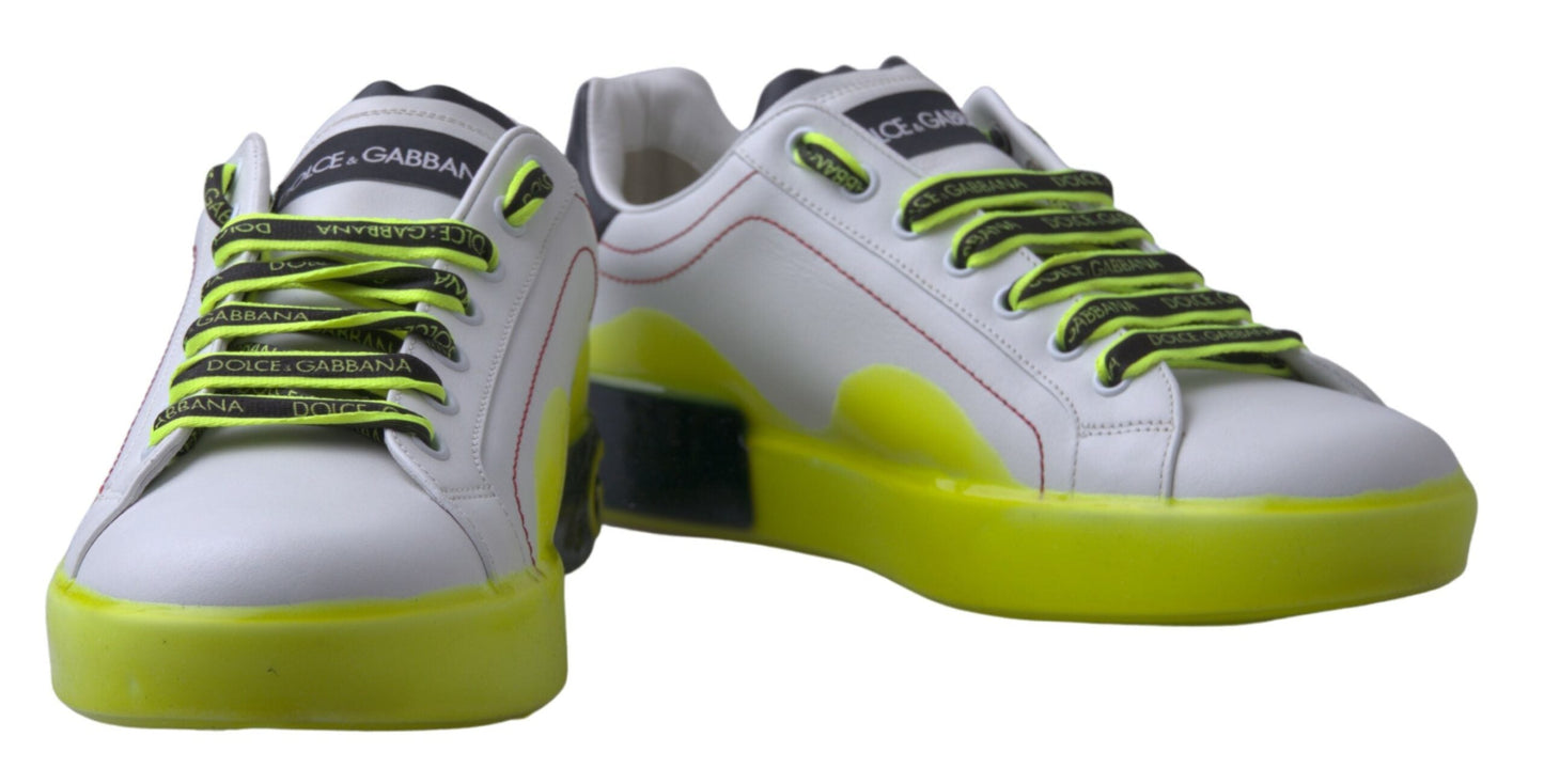 Dolce & Gabbana White Yellow Portofino Leather Sneakers Men's Shoes