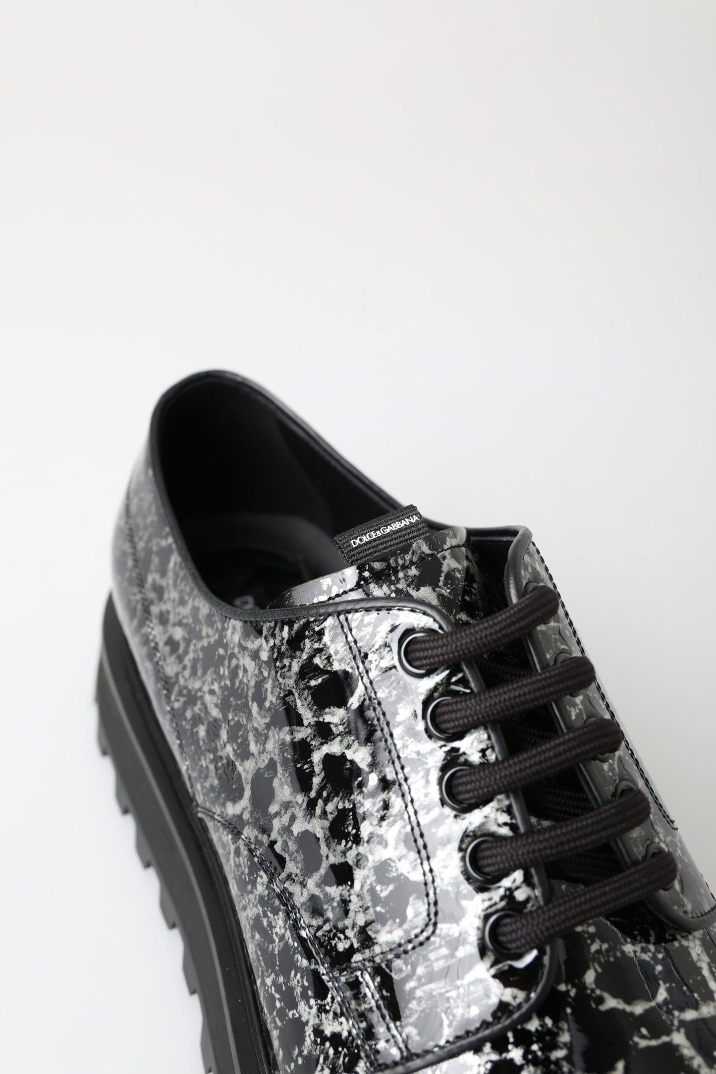 Dolce & Gabbana Black White Derby Patent Leather Men's Shoes