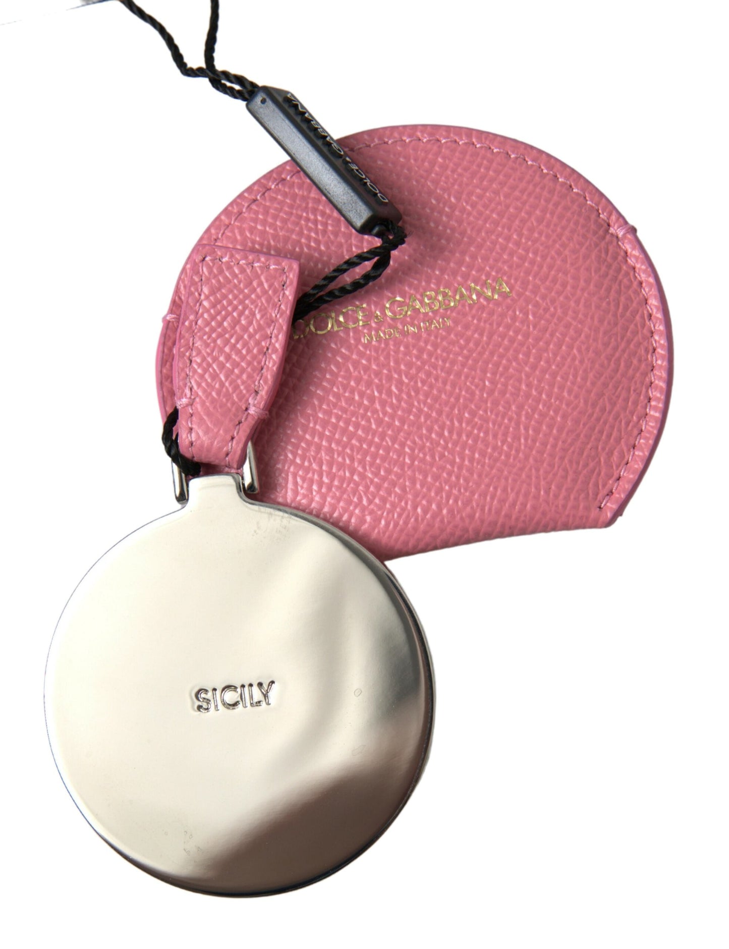 Dolce & Gabbana Pink Calfskin Leather Round Logo Print Hand Mirror Women's Holder