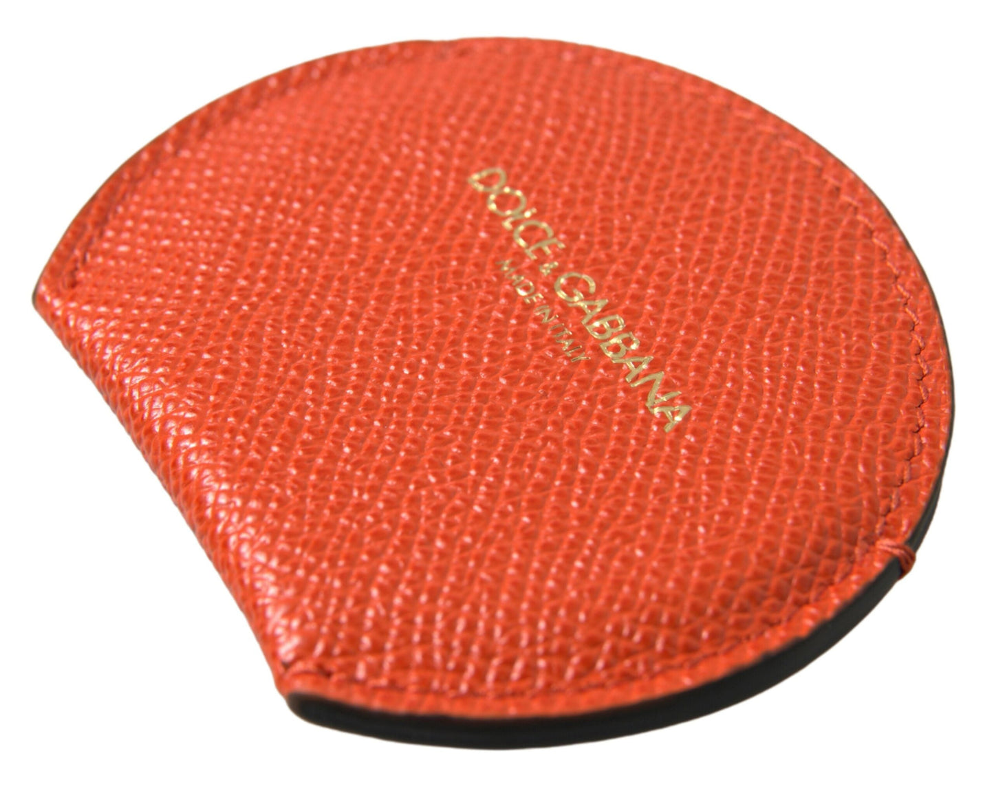 Dolce & Gabbana Orange Calfskin Leather Round Logo Hand Mirror Women's Holder