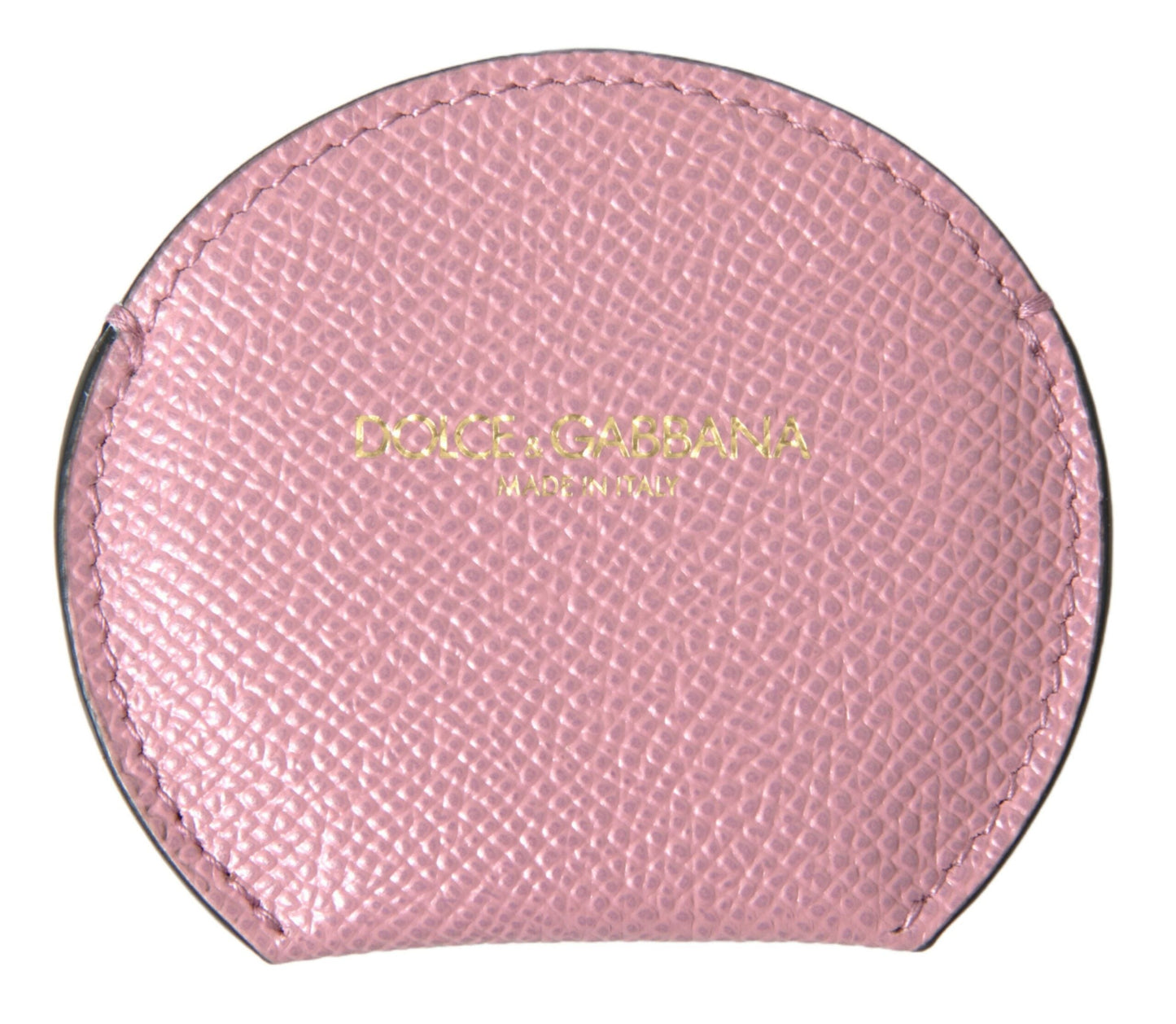 Dolce & Gabbana Pink Calfskin Leather Round Logo Print Hand Mirror Women's Holder