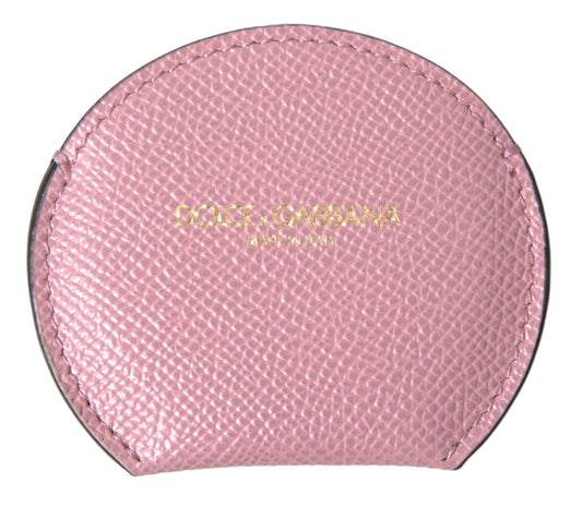 Dolce & Gabbana Pink Calfskin Leather Round Logo Print Hand Mirror Women's Holder
