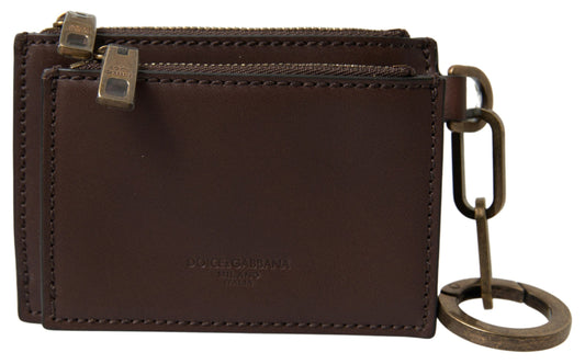 Dolce & Gabbana Brown Leather Zip Logo Keyring Coin Purse Men's Wallet
