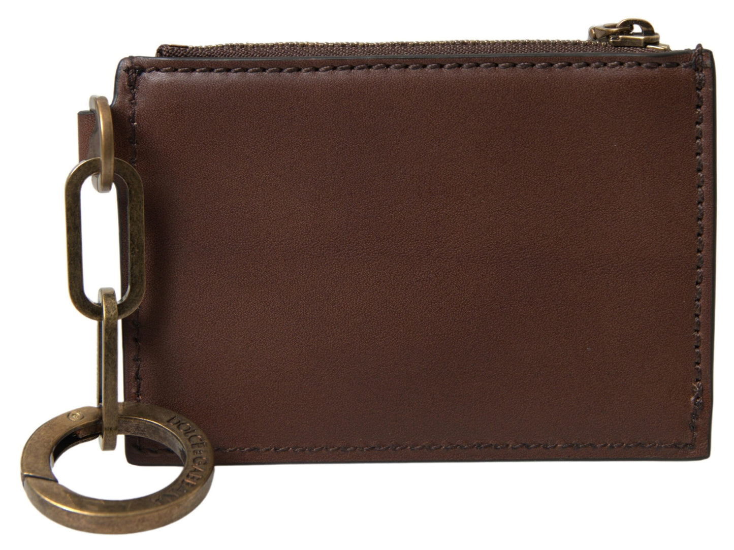 Dolce & Gabbana Brown Leather Zip Logo Keyring Coin Purse Men's Wallet