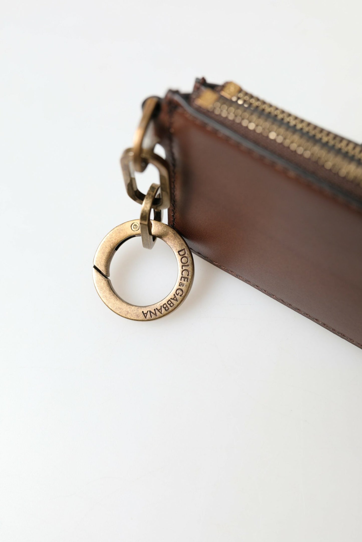 Dolce & Gabbana Brown Leather Zip Logo Keyring Coin Purse Men's Wallet