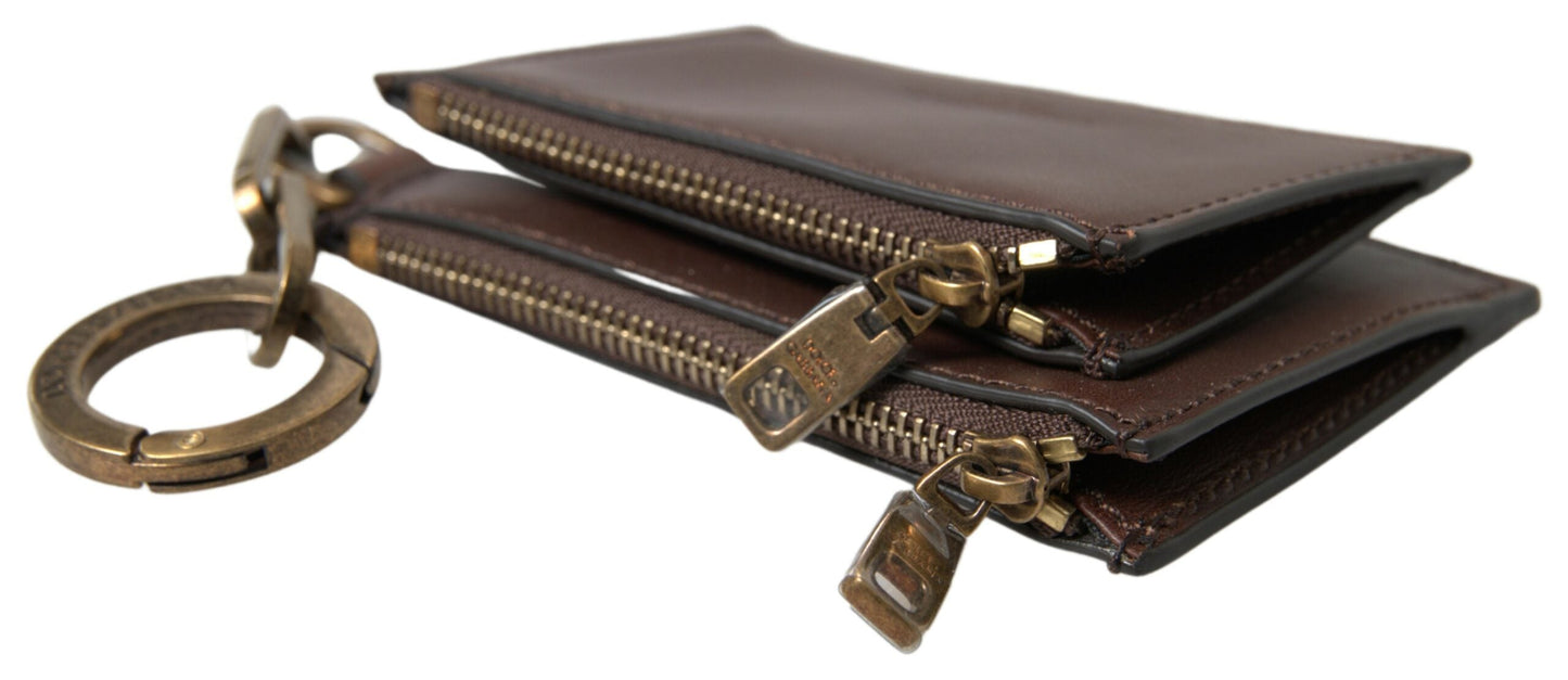 Dolce & Gabbana Brown Leather Zip Logo Keyring Coin Purse Men's Wallet