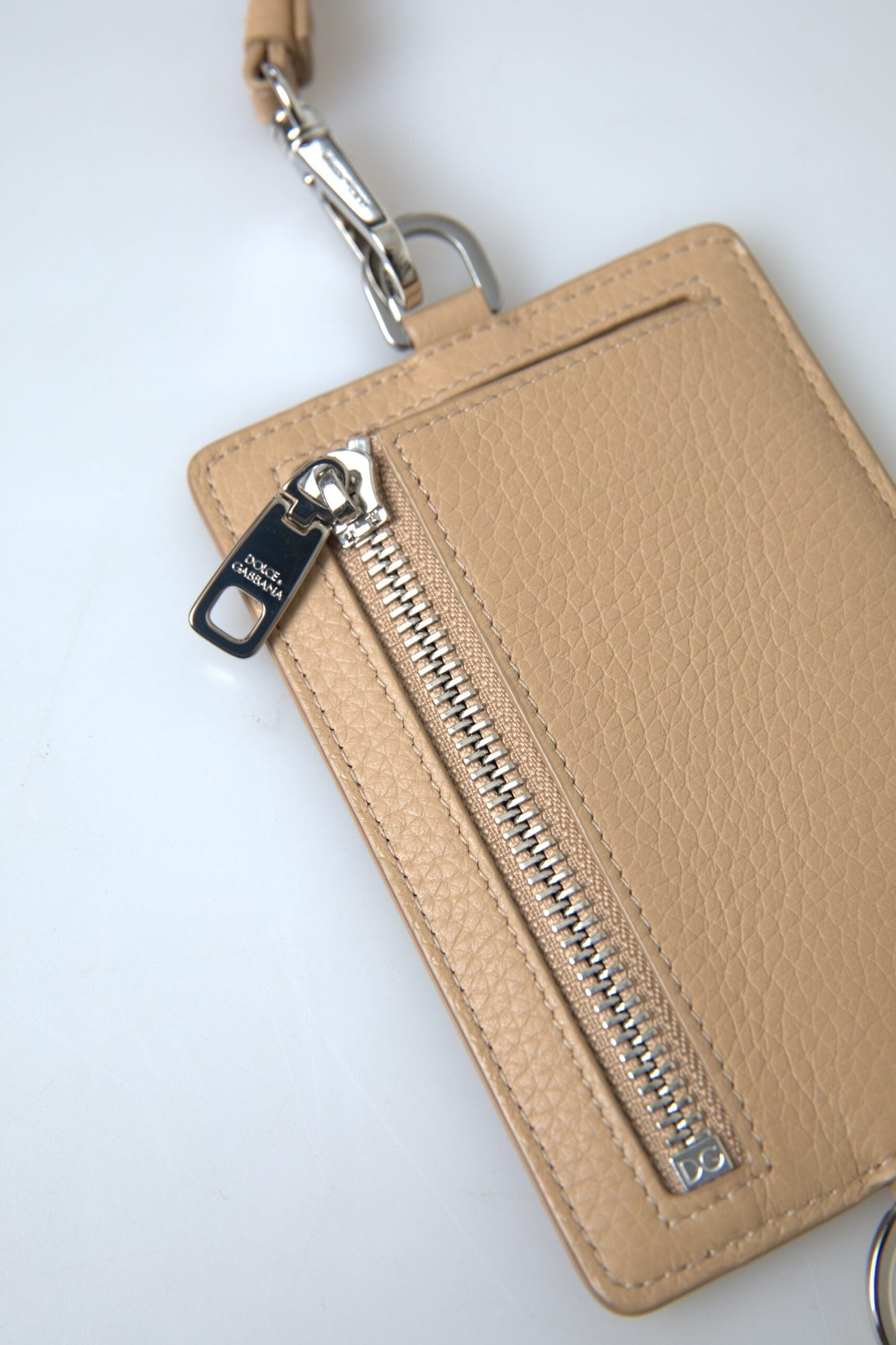 Dolce & Gabbana Beige Leather Lanyard Logo Card Holder Men Men's Wallet