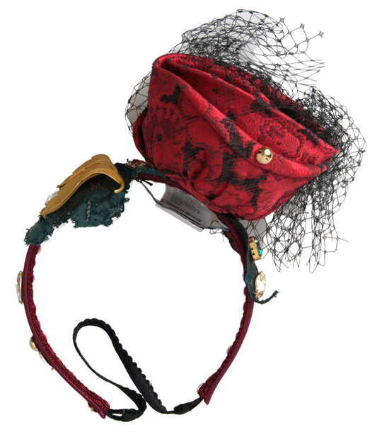 Dolce & Gabbana Red with multicolor Rose Silk Crystal Netted Logo Diadem Women's Headband