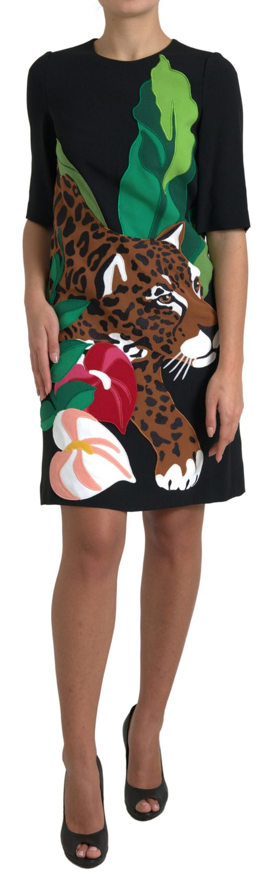 Dolce & Gabbana Black Tiger Jungle Print Sheath Stretch Women's Dress (Pre-Owned)