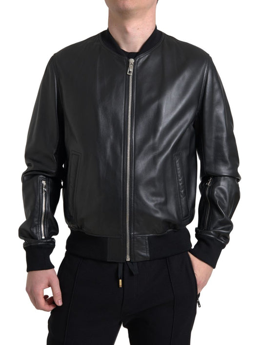 Dolce & Gabbana Black Leather Full Zip Bomber Men Men's Jacket