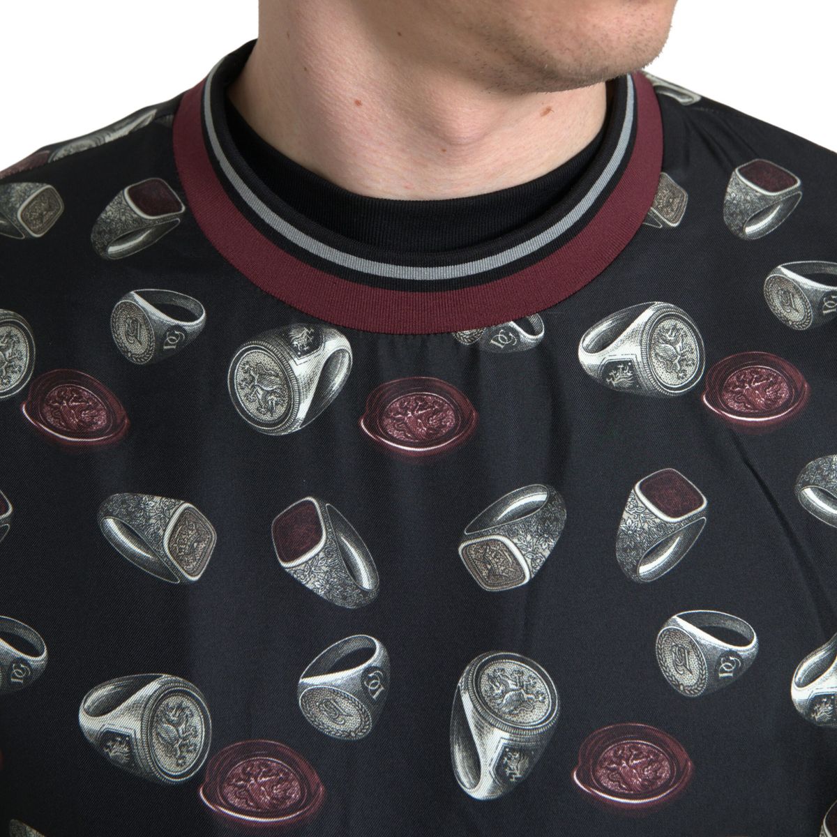 Dolce & Gabbana Black Ring Print Silk Crewneck Men's Sweater