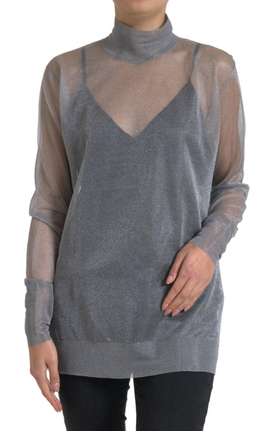 Dolce & Gabbana Gray Mesh Turtleneck Long Sleeve Blouse Women's Top