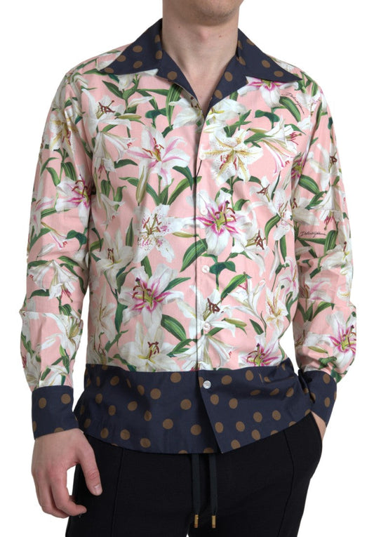 Dolce & Gabbana Cotton Polka Dot Lily Print Collared Men's Shirt