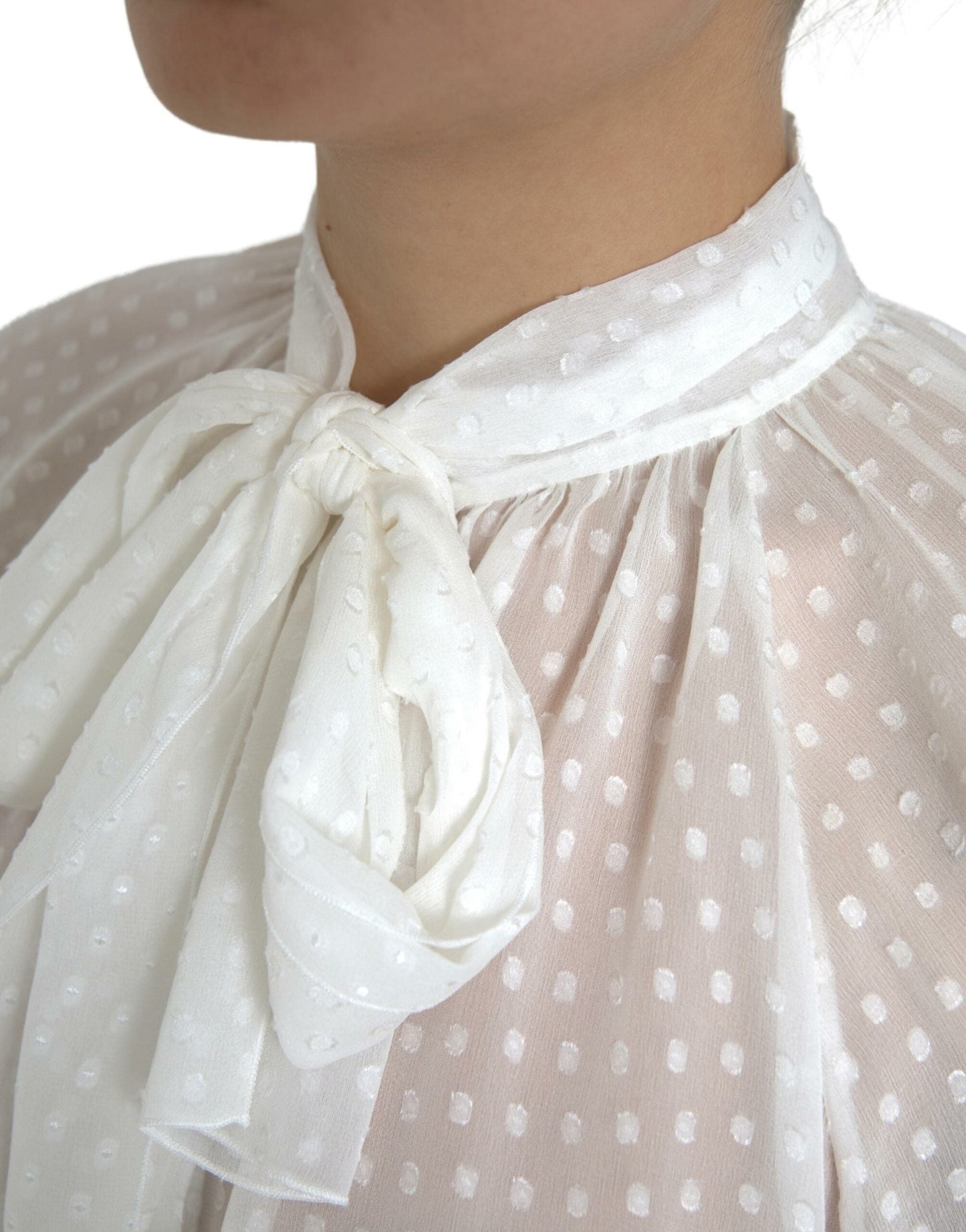 Dolce & Gabbana White Silk Sheer Tied Neck Polka Dots Women's Blouse