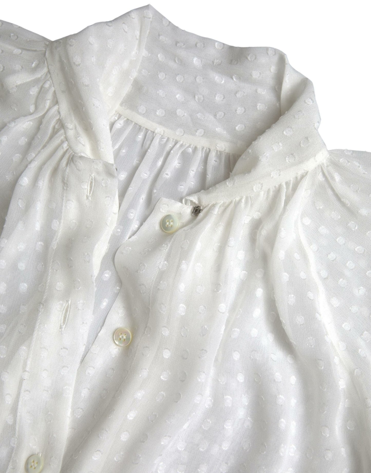 Dolce & Gabbana White Silk Sheer Tied Neck Polka Dots Women's Blouse