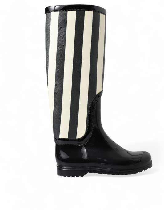 Dolce & Gabbana Black Rubber Knee High Flat Boots Women's Shoes