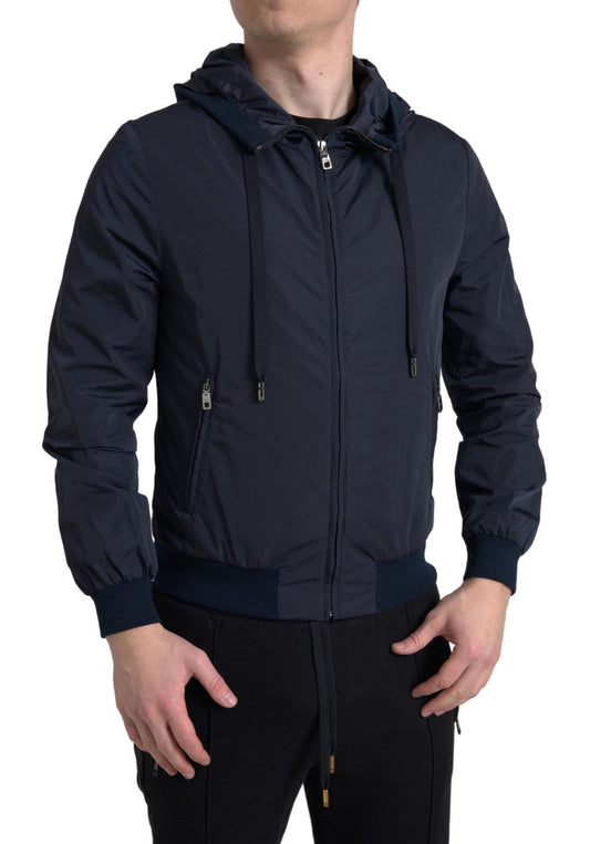 Dolce & Gabbana Blue Hooded Logo Polyester Full Zip Men's Sweater