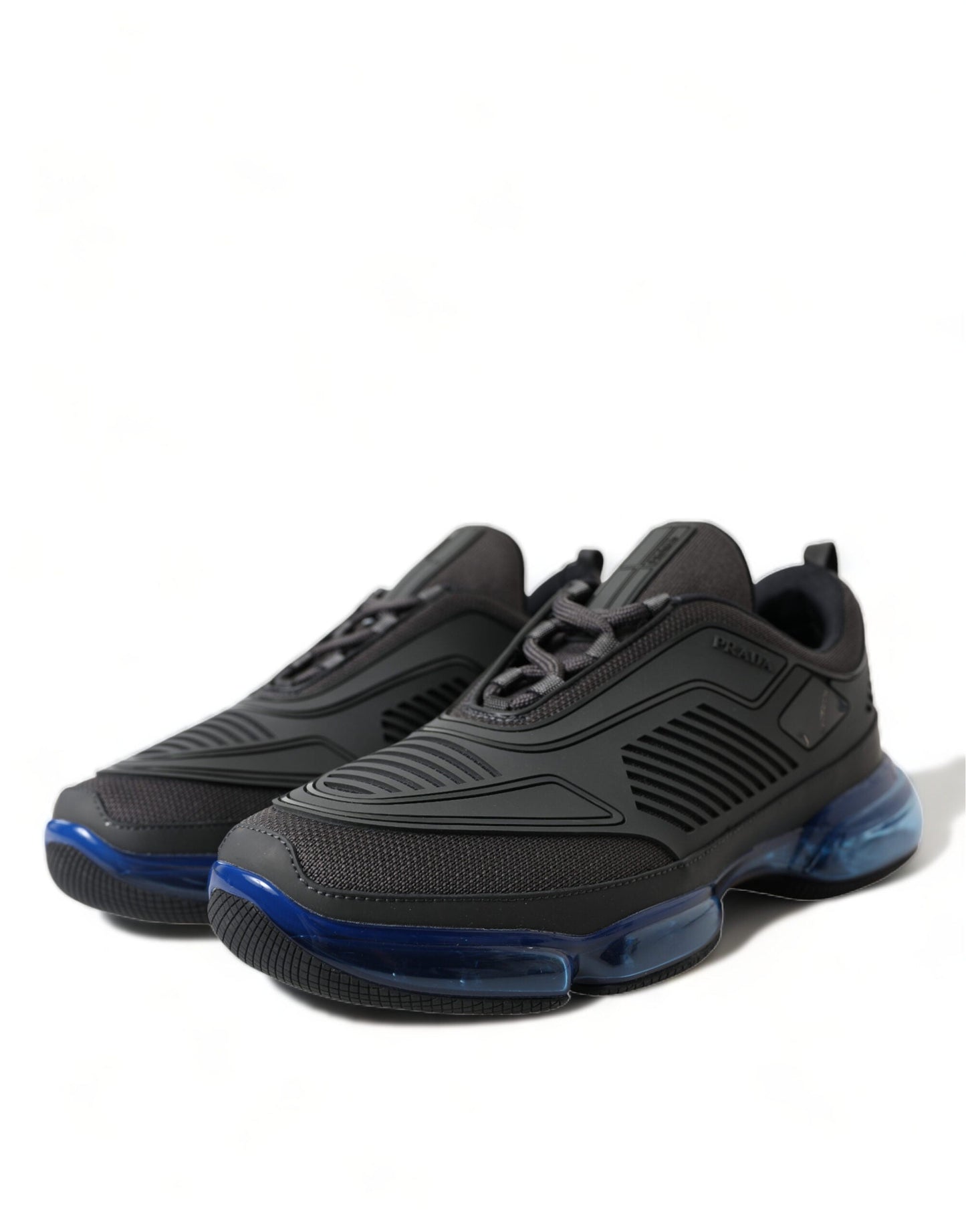 Prada Black Blue Rubber Knit Slip On Low Top Sneakers Men's Shoes