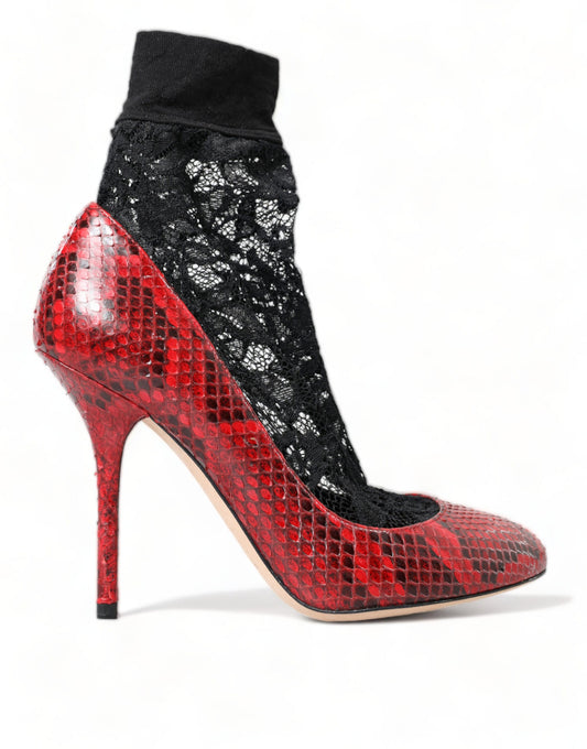 Dolce & Gabbana Red Ayers Leather Lace Socks Pumps Women's Shoes