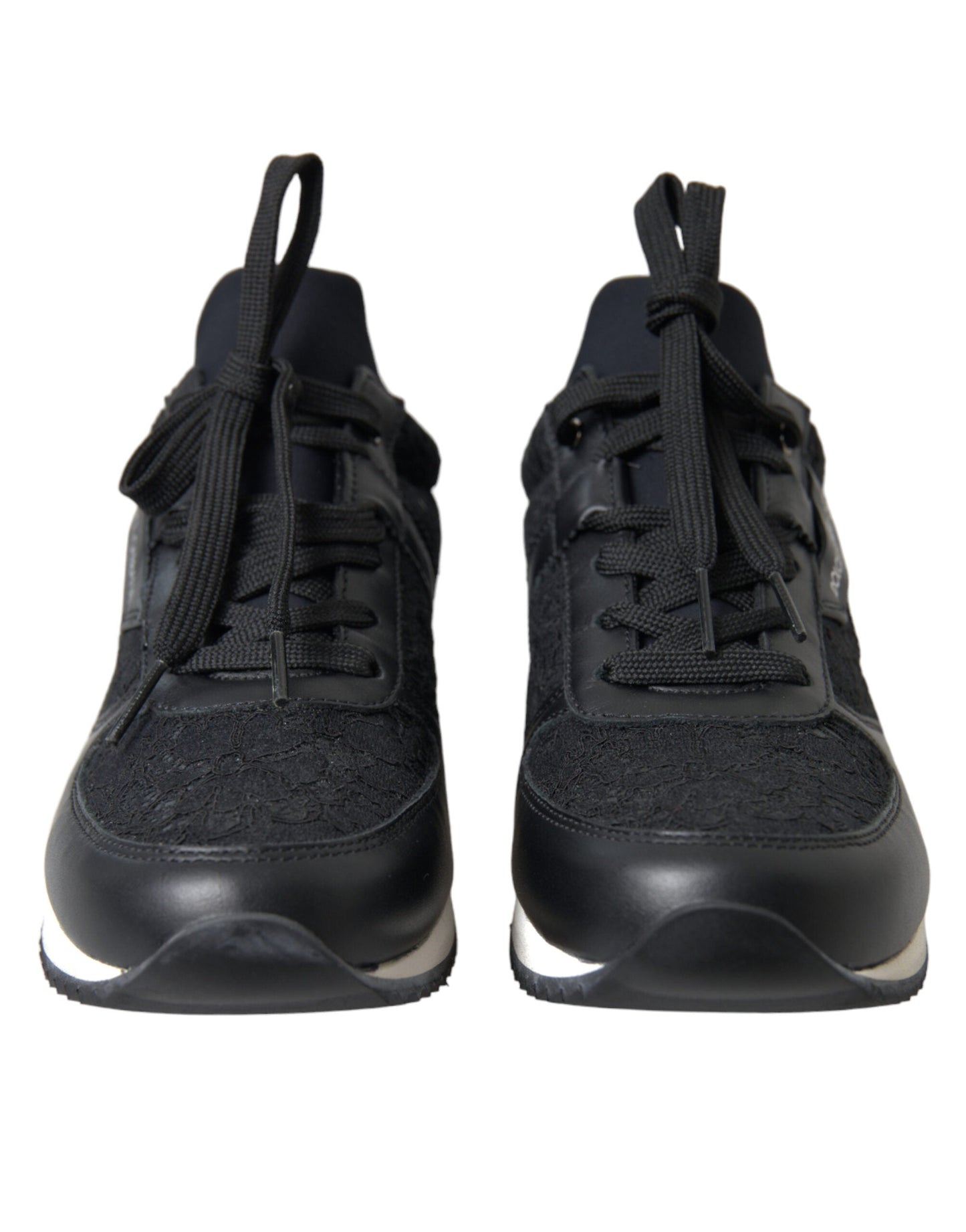 Dolce & Gabbana Black Floral Lace Leather Sneakers Women's Shoes