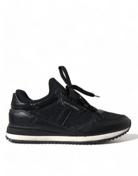 Dolce & Gabbana Black Floral Lace Leather Sneakers Women's Shoes