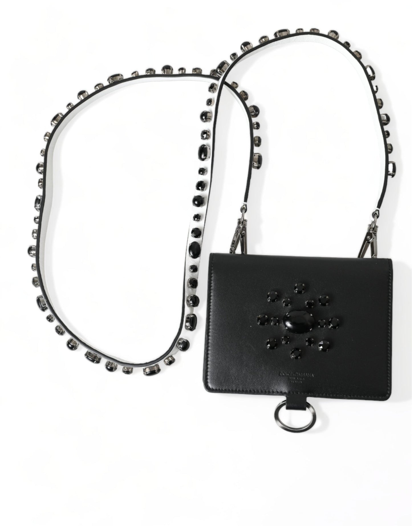 Dolce & Gabbana Black Leather Crystal Embellished Card Holder Women's Wallet