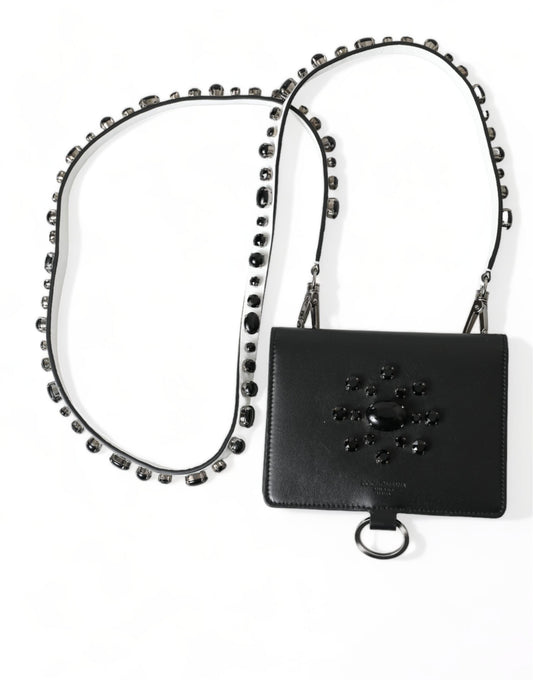 Dolce & Gabbana Black Leather Crystal Embellished Card Holder Women's Wallet