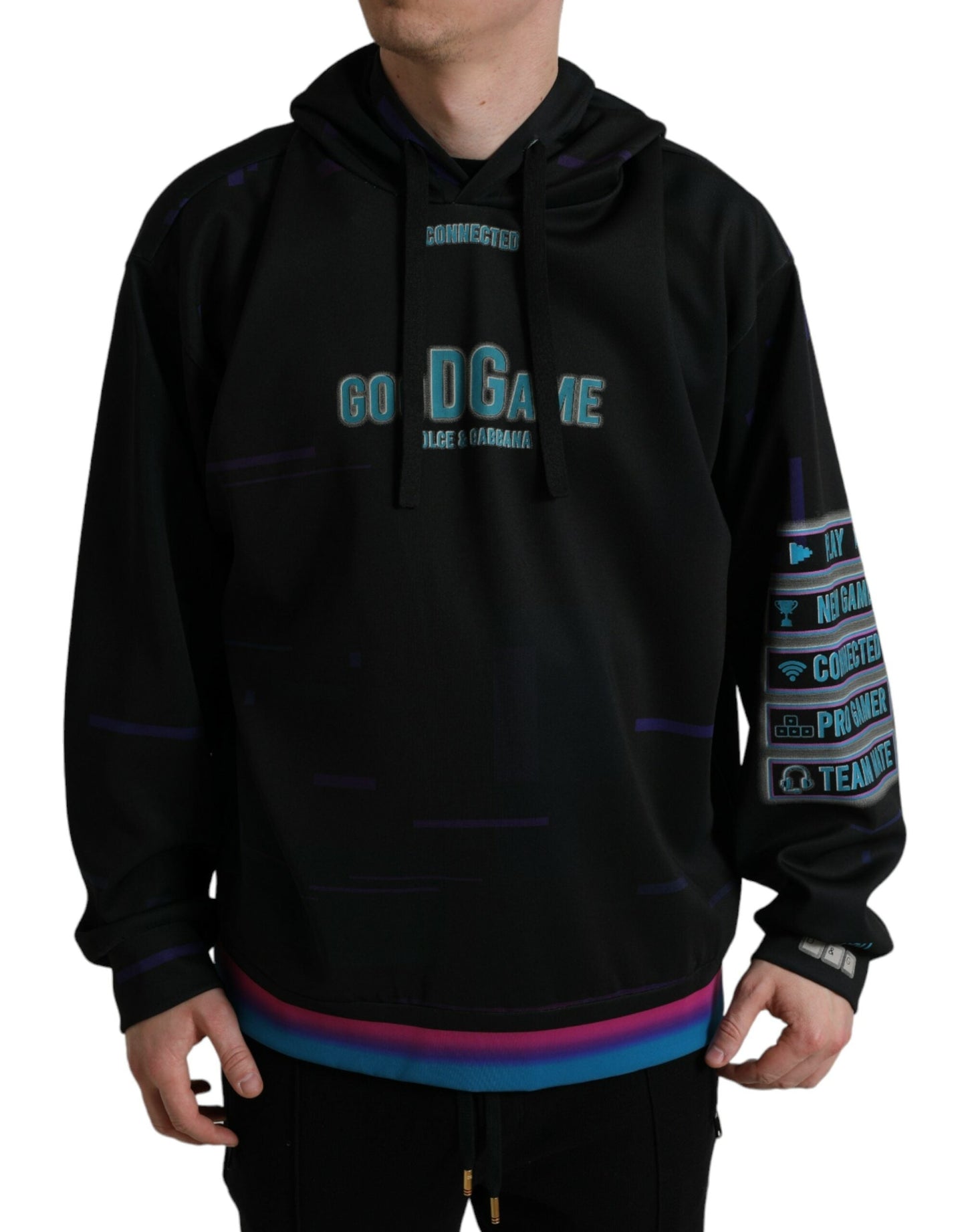 Dolce & Gabbana Black Logo Print Hooded Sweatshirt Men's Sweater