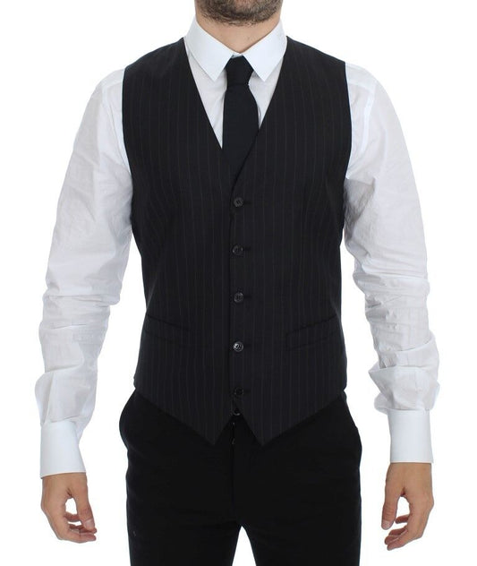Dolce & Gabbana Black Striped Wool Silk Dress Vest Men's Gilet