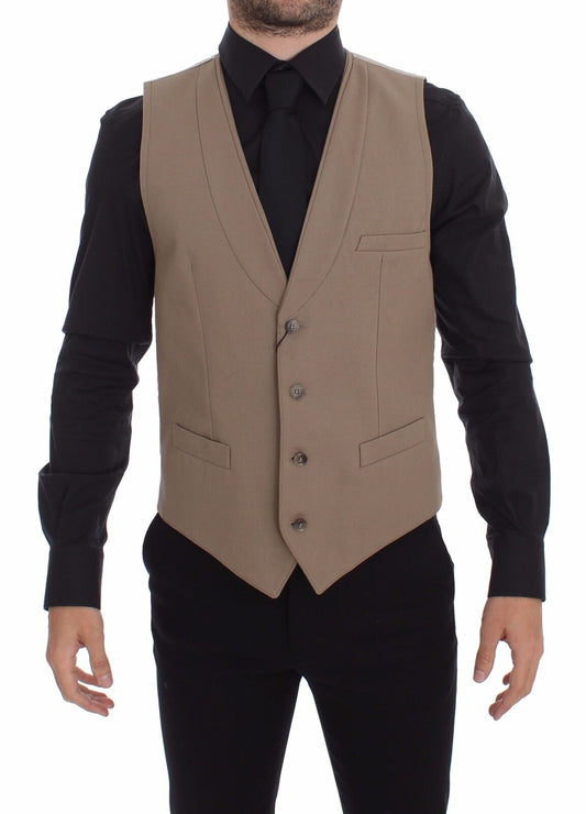 Dolce & Gabbana Beige Cotton Slim Fit Button Front Dress Men's Vest