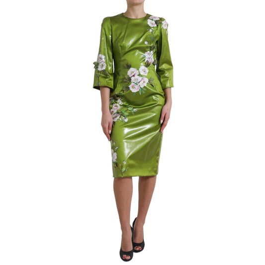 Dolce & Gabbana Green Floral Embellished Sheath Midi Women's Dress