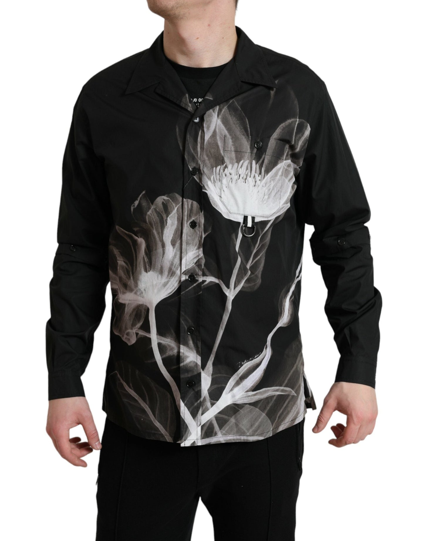 Dolce & Gabbana Black Floral Cotton Collared Long Sleeves Men Men's Shirt