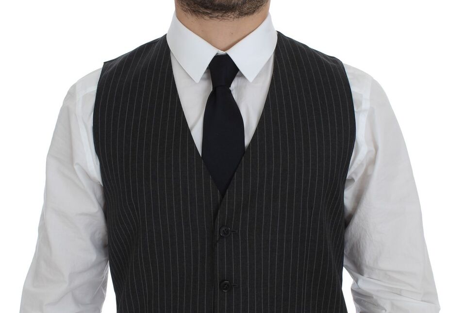 Dolce & Gabbana Gray Striped Wool Single Breasted Men's Vest