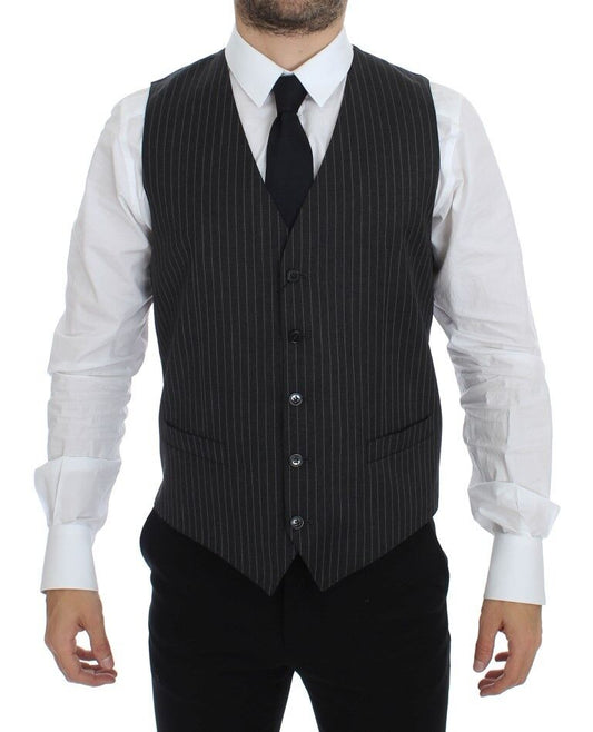 Dolce & Gabbana Gray Striped Wool Single Breasted Men's Vest