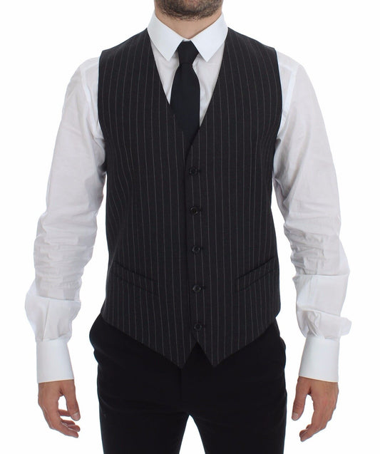 Dolce & Gabbana Gray Striped Wool Logo Vest Gilet Men's Weste
