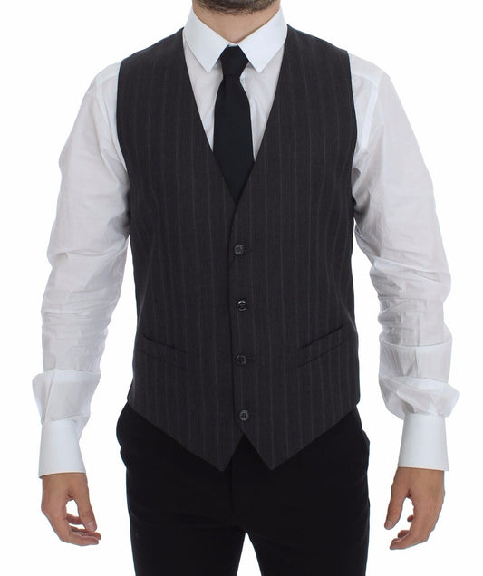 Dolce & Gabbana Gray Striped Wool Logo Vest Gilet Men's Weste