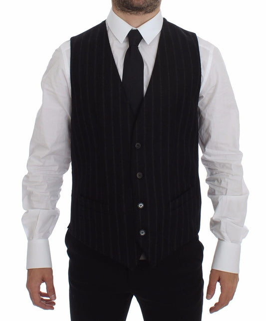 Dolce & Gabbana Black Striped Wool Logo Vest Gilet Men's Weste