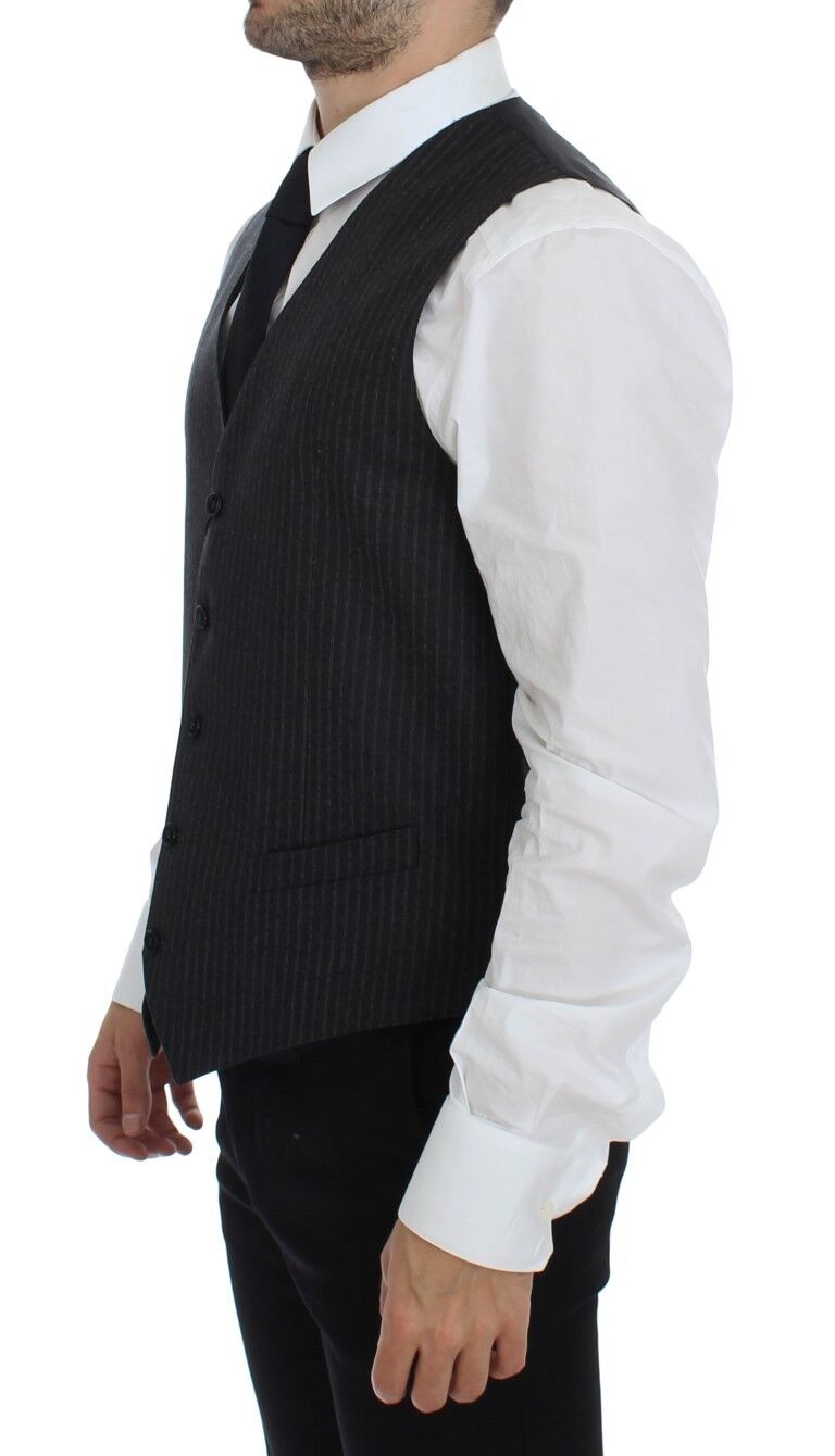 Dolce & Gabbana Gray Striped Wool Single Breasted Men's Vest