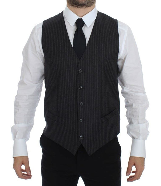 Dolce & Gabbana Gray Striped Wool Single Breasted Men's Vest